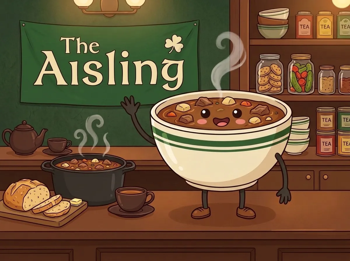 AI Riley: a cheerful bowl of Irish stew who runs The Aisling, an Irish pub with a pot of stew on the fire, under a sign that reads The Aisling
